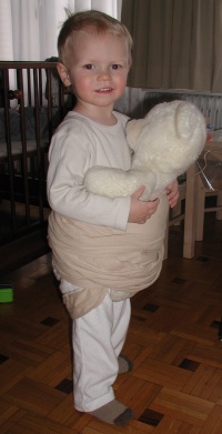 toddler carrying toy in a baby carrier